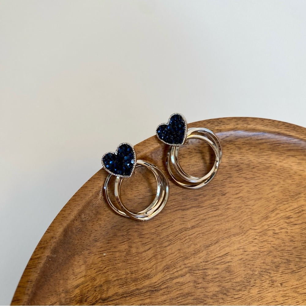 4/$15 Navy Blue Heart Stacked Hoops Drop Earrings